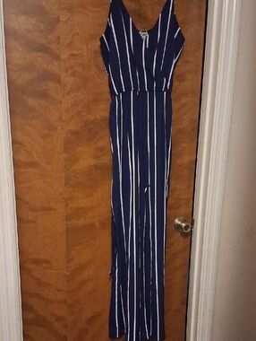 J for Justify Navy and White Striped V-Neck Jumpsuit